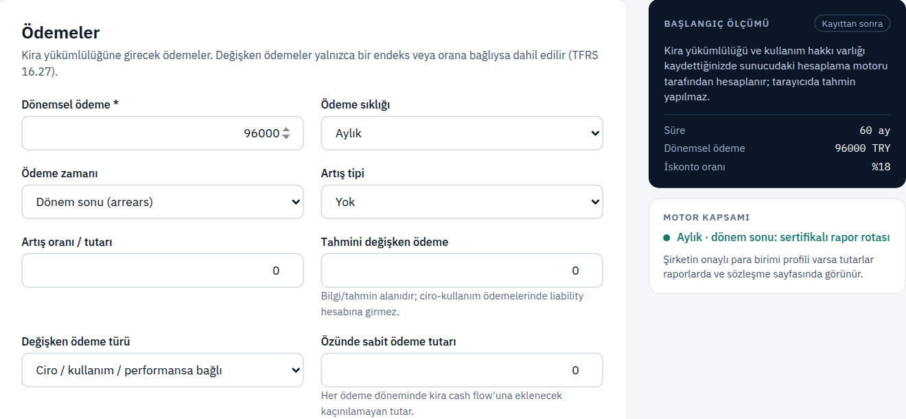 Yeni sözleşme sihirbazı, ödemeler adımı ve motor kapsamı paneli